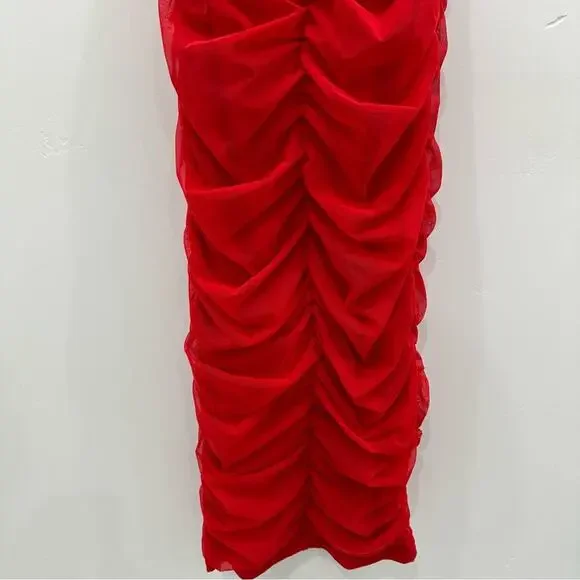 Michael Costello Red Ruched Bodycon Midi Dress with Crisscross Back - Picture 11 of 11